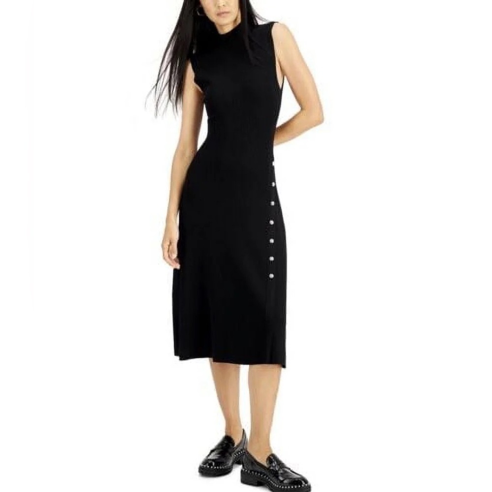 INC International Concepts Black Ribbed Mock Neck Dress, Size L